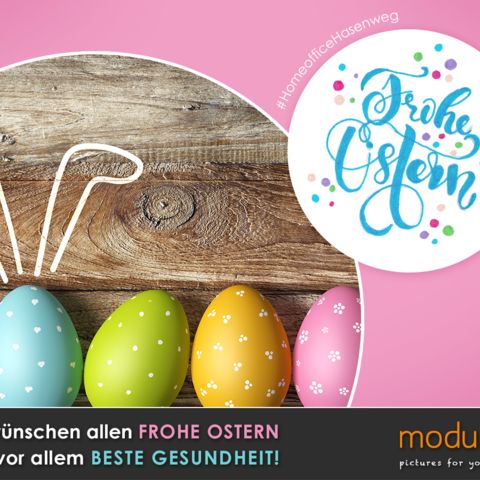 Ostergrüße mit bunten Eiern und Hasenohren vor Holzhintergrund vom Fotostudio modul A