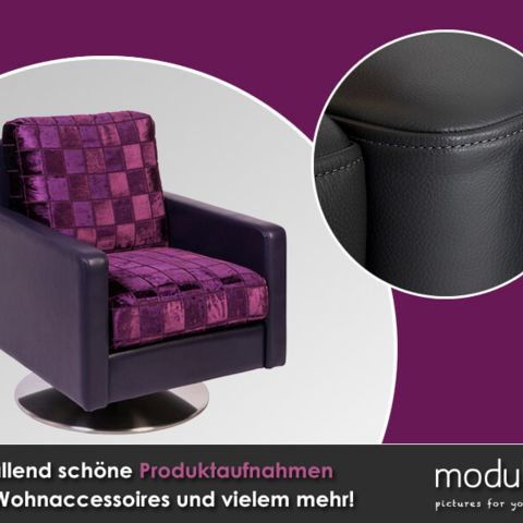 Produktaufnahme von eines lila Sessel auf weißem Hintergrund