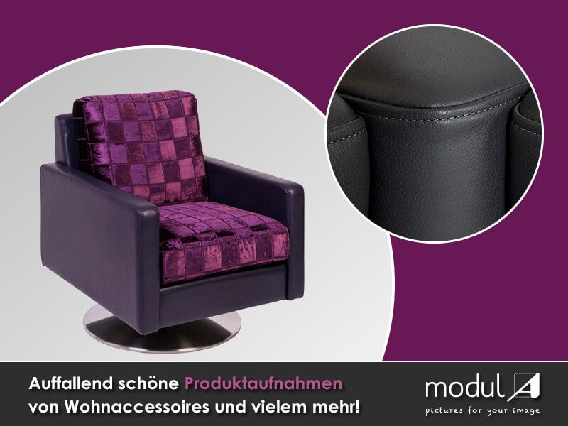 Produktaufnahme von eines lila Sessel auf weißem Hintergrund