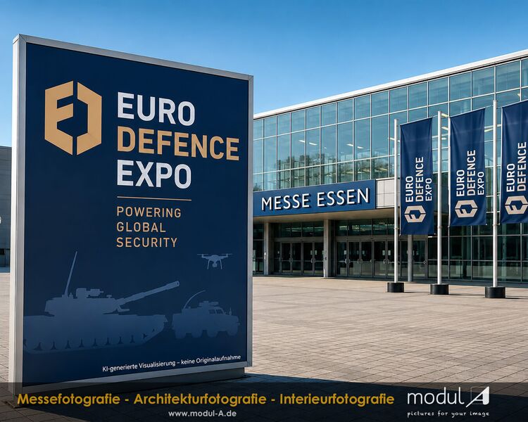 KI-generierte Visualisierung der EURO DEFENCE EXPO 2026 auf dem Messegelände Essen mit Eingangsbereich und Veranstaltungsbeschilderung